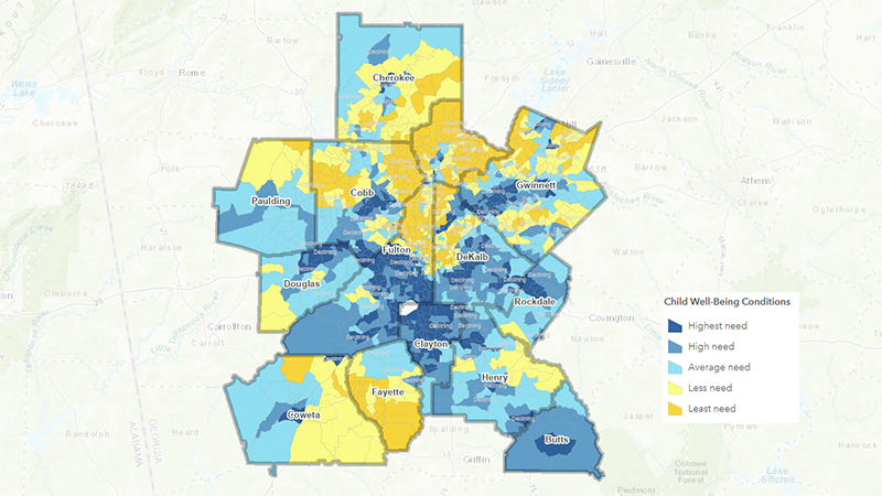 Map of Greater Atlanta counties showing a scale of need