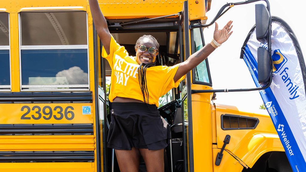 A yellow school bus marked our eight in-person Stuff the Bus locations where we collected school supplies to help 14,000 Greater Atlanta students start the school year strong.